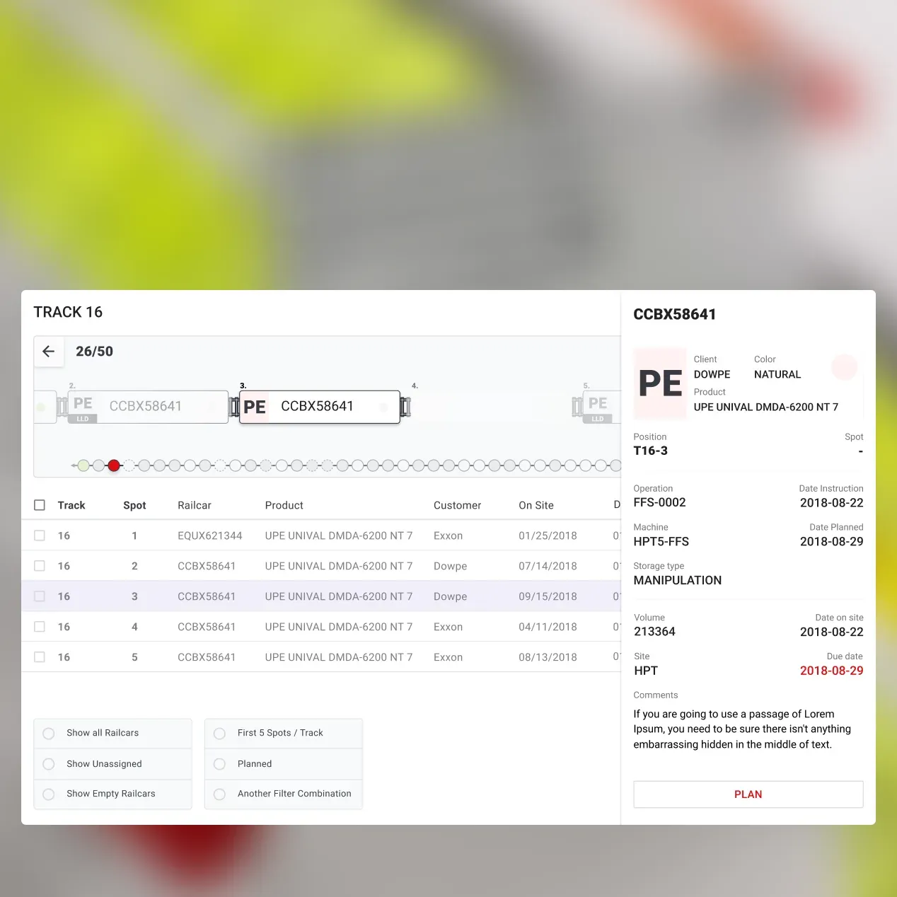 RYMS railyard overview with railcar details and action