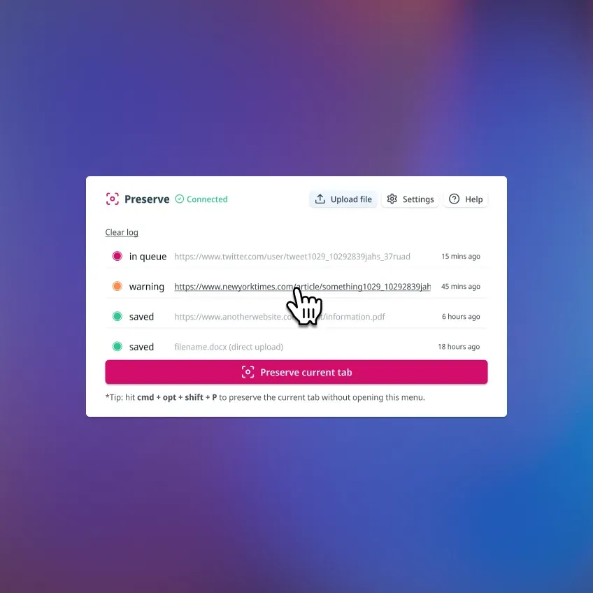 Preserve extension activity log screen with status and preserved links