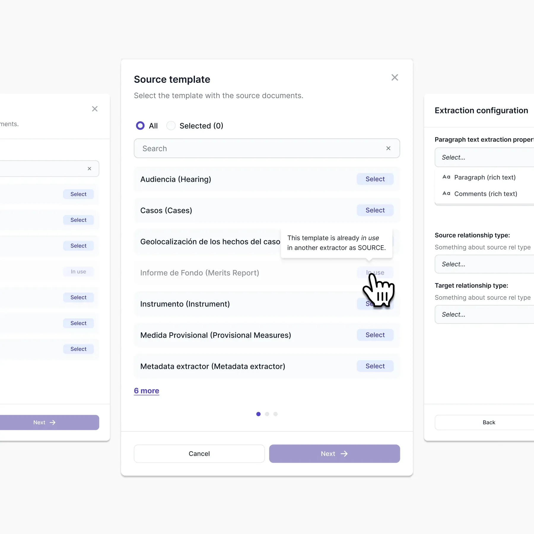 Paragraph extraction modal with source selector