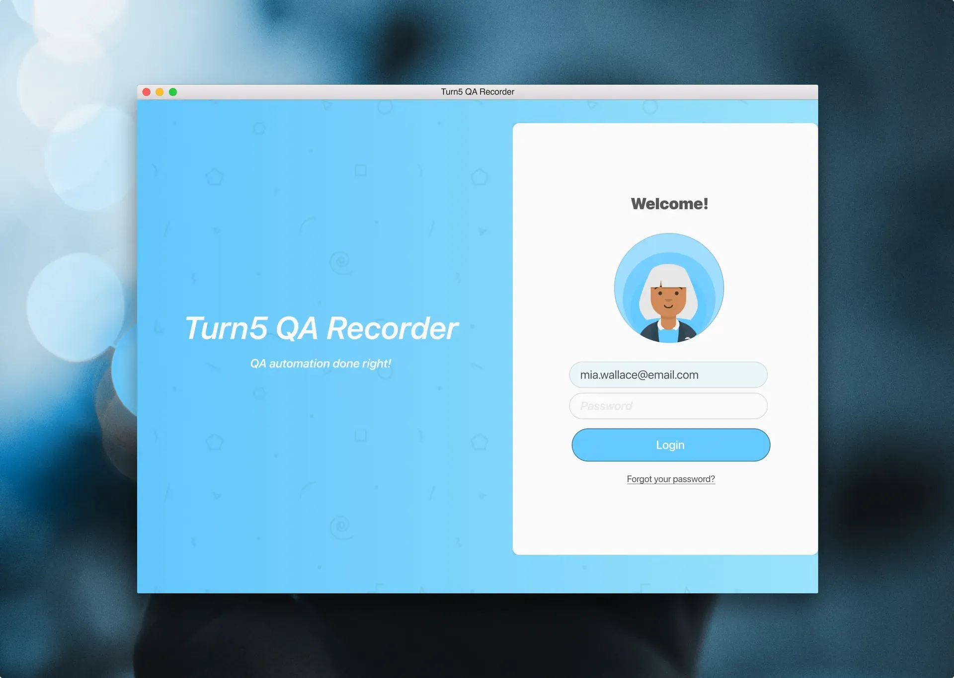 Login screen, Turn5 QA desktop app