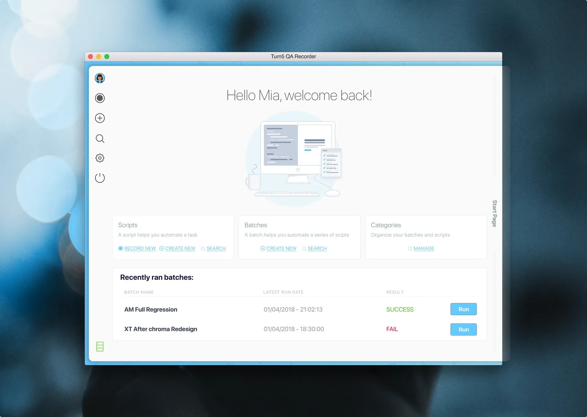 Script list and actions for Turn5 QA desktop app