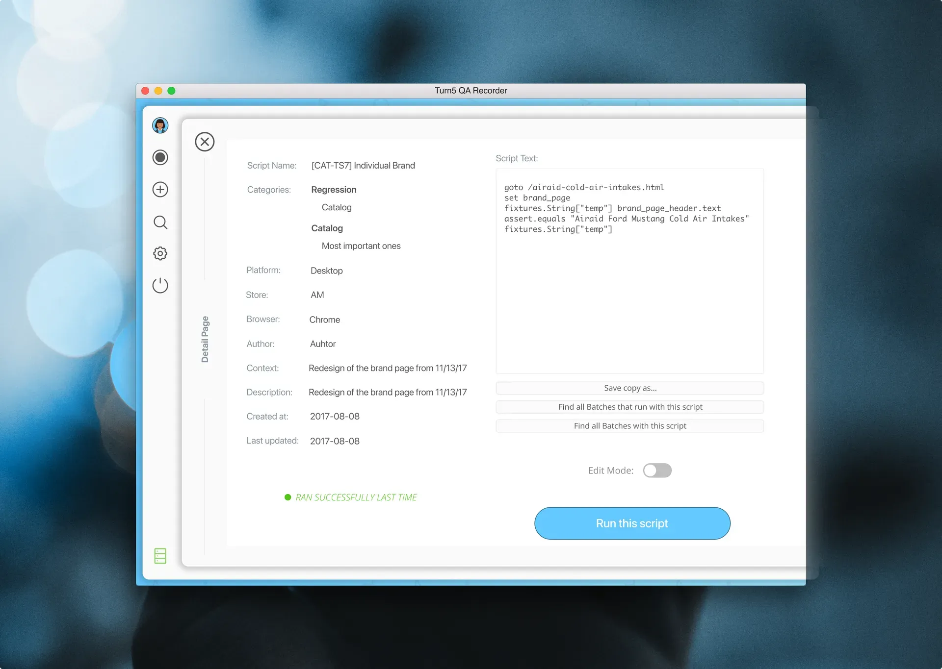 Script editor, Turn5 QA desktop app