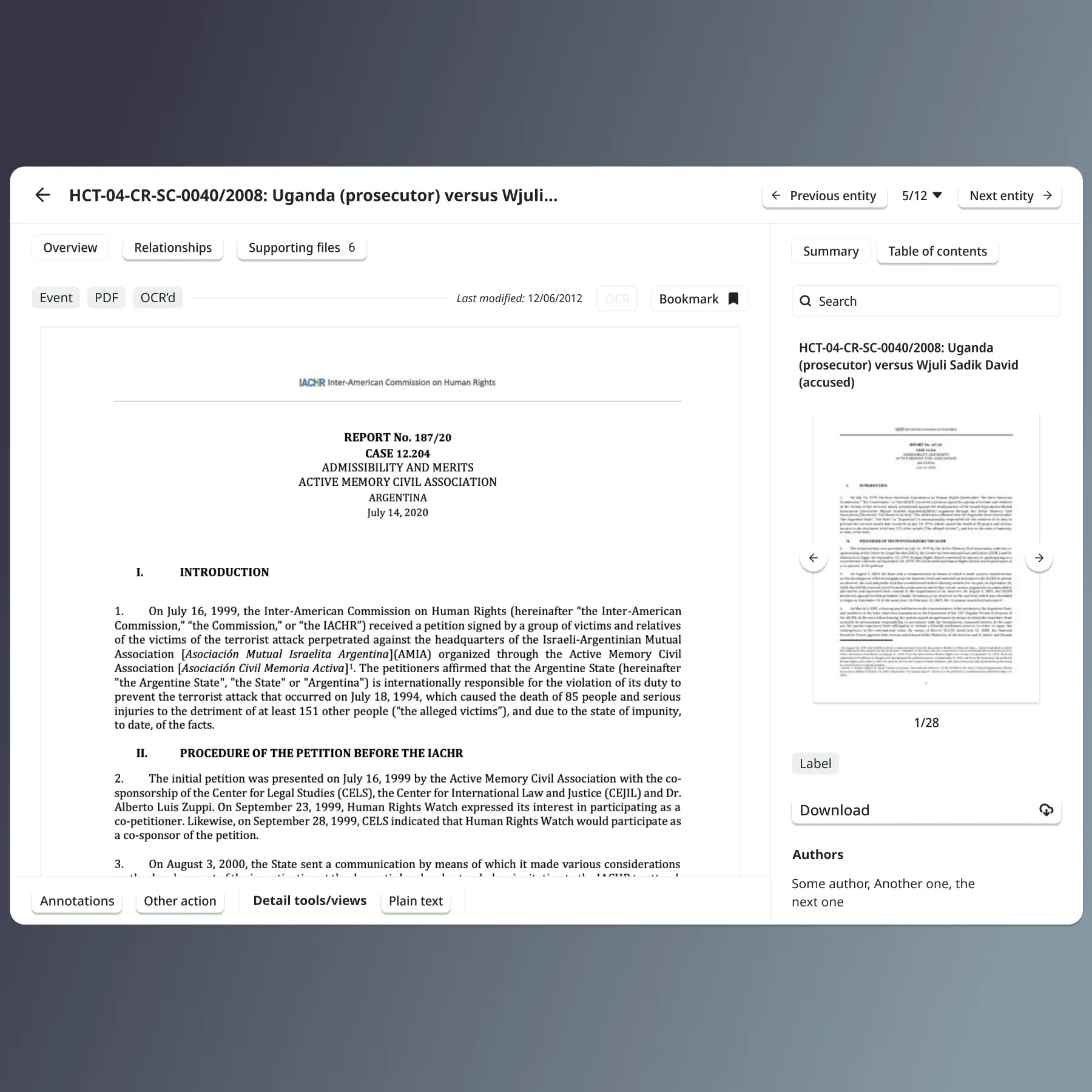 Early Uwazi entity and document view concept