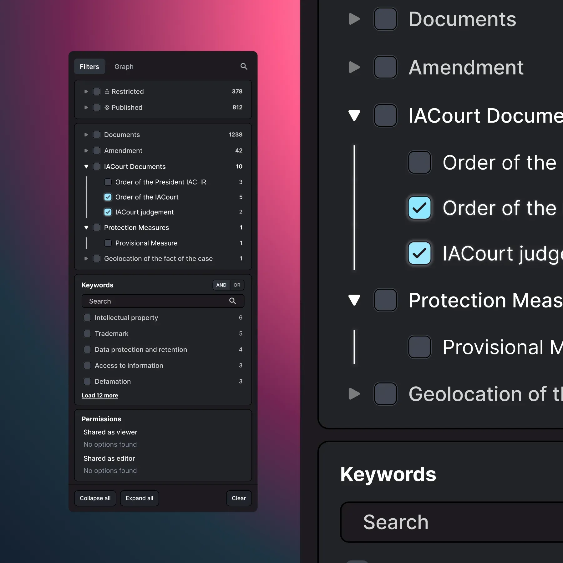 Dark mode concept for filters panel in Uwazi