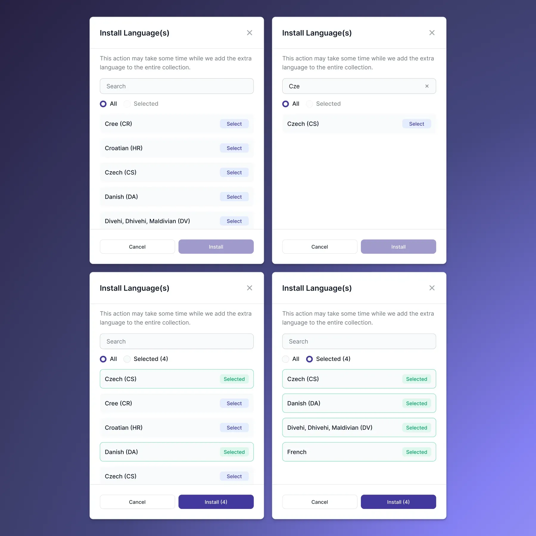 Uwazi's language install modal with multi-select and fuzzy search