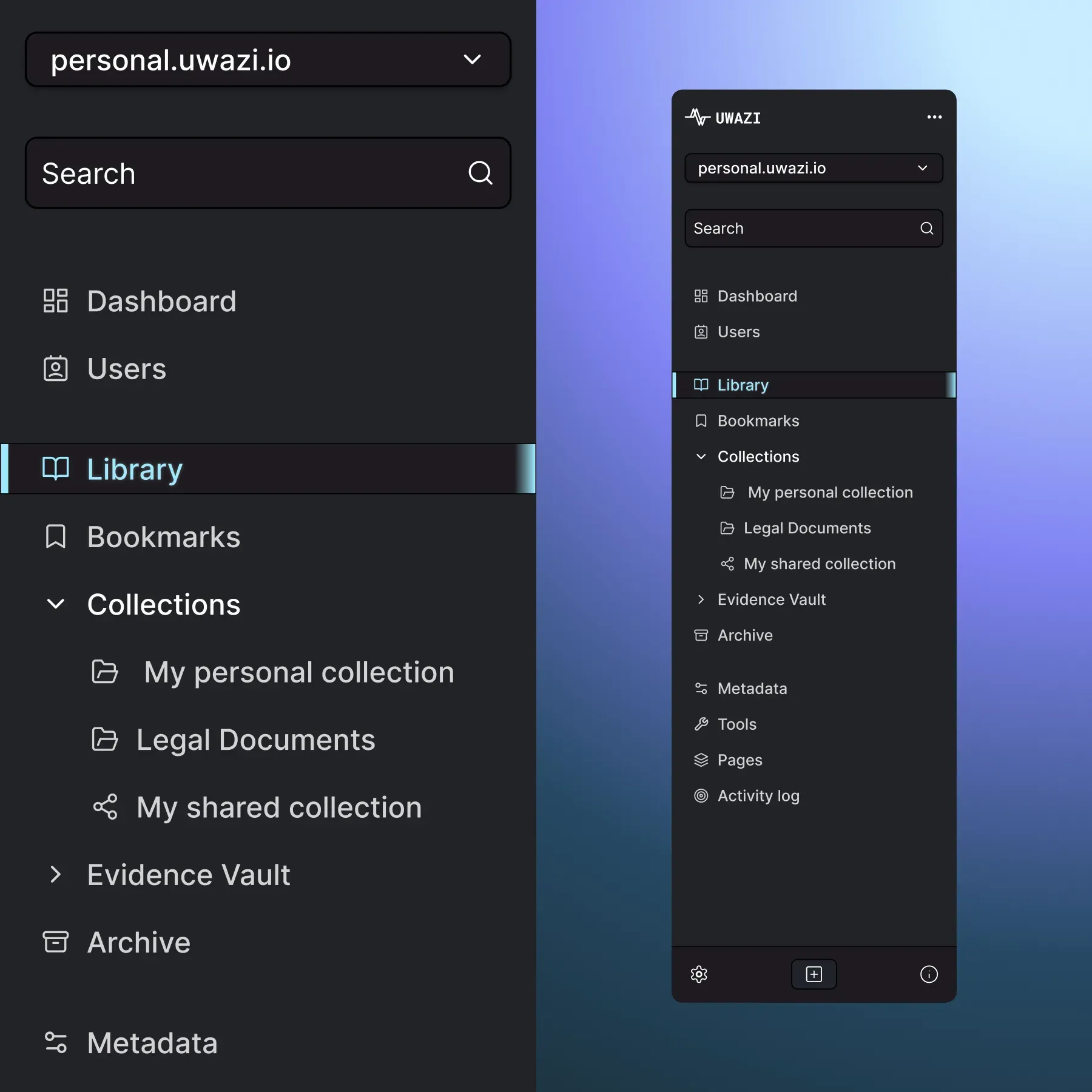 Dark mode concept for side-nav panel in Uwazi