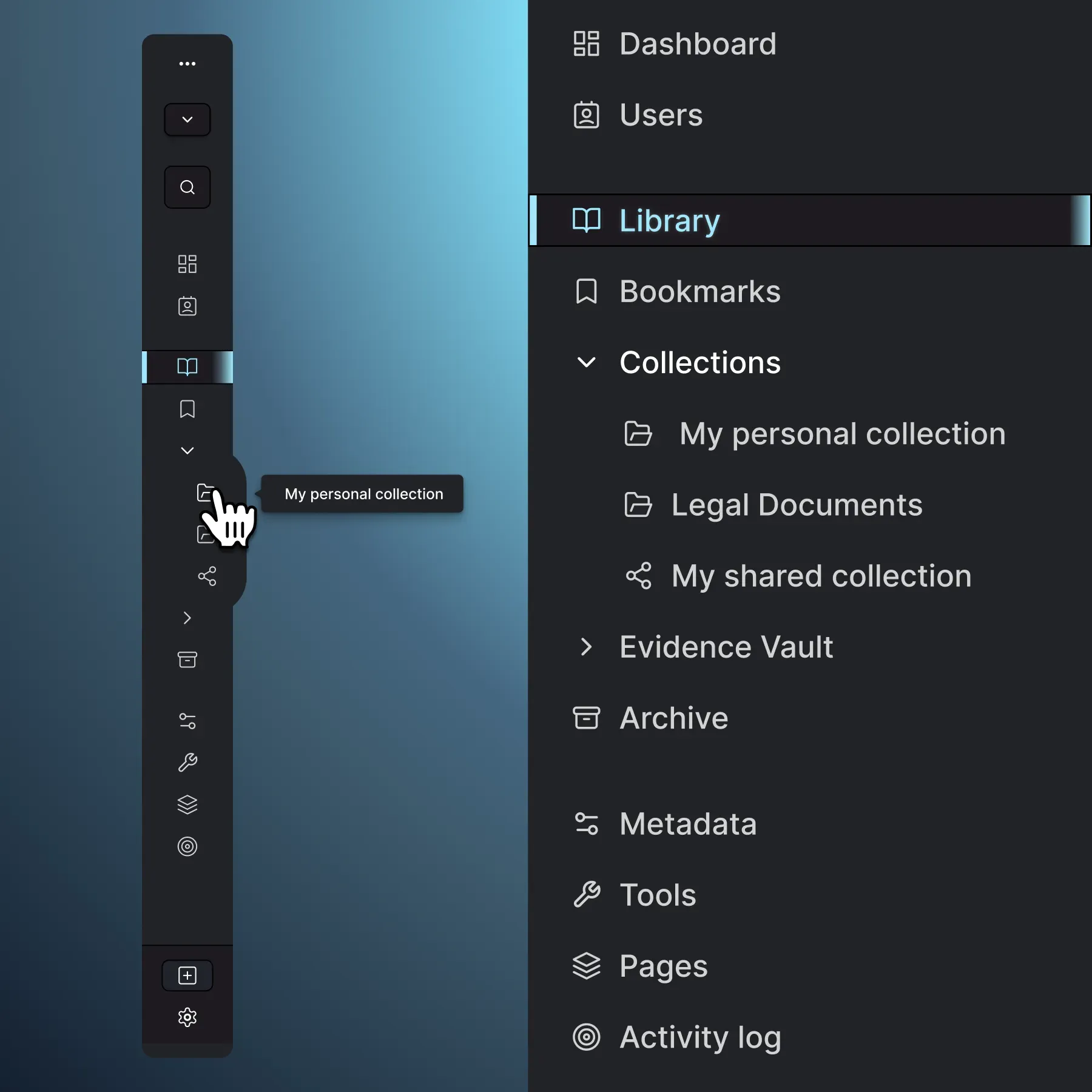 Concept for side-nav panel in Uwazi, compact mode