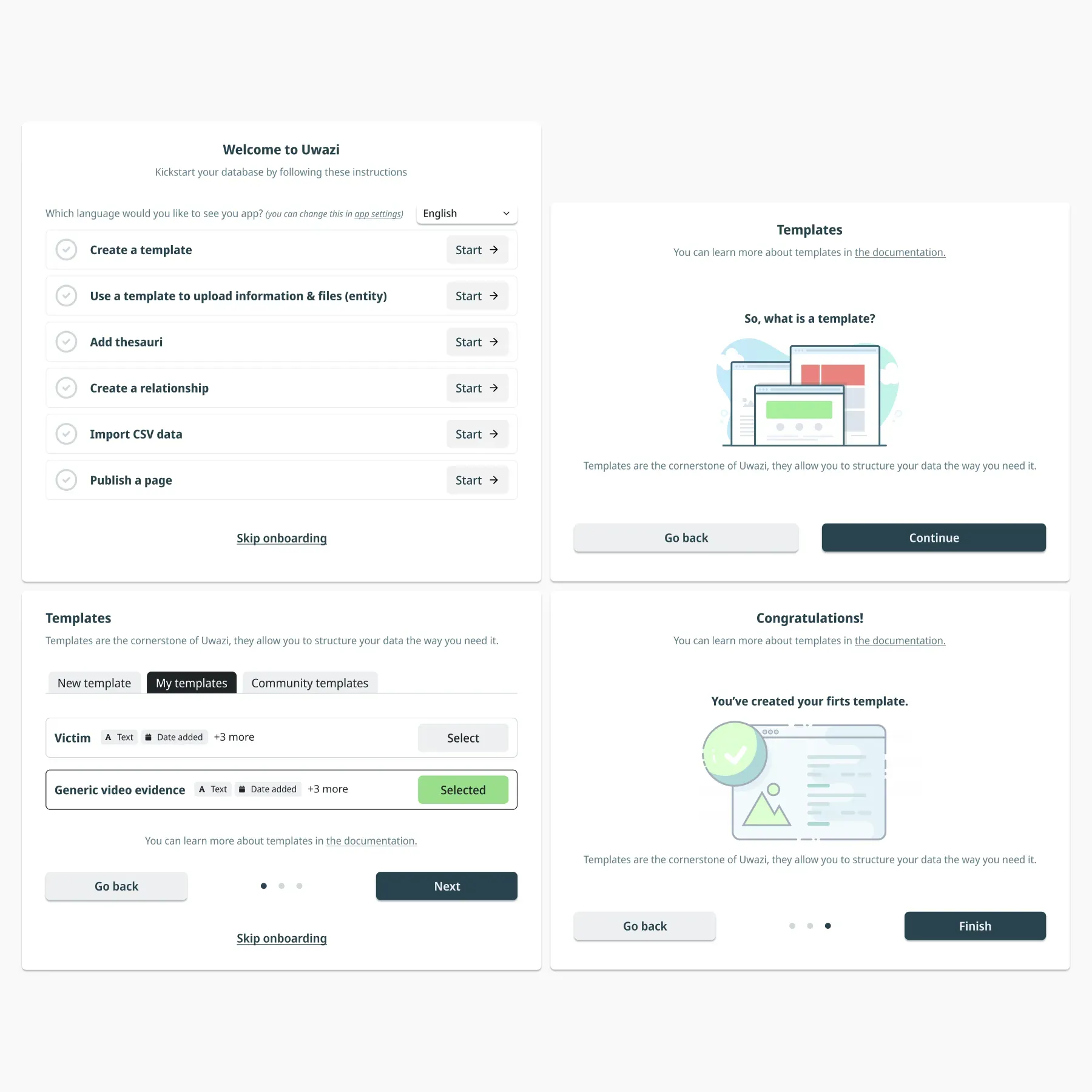 Early Uwazi onboarding concept with community templates