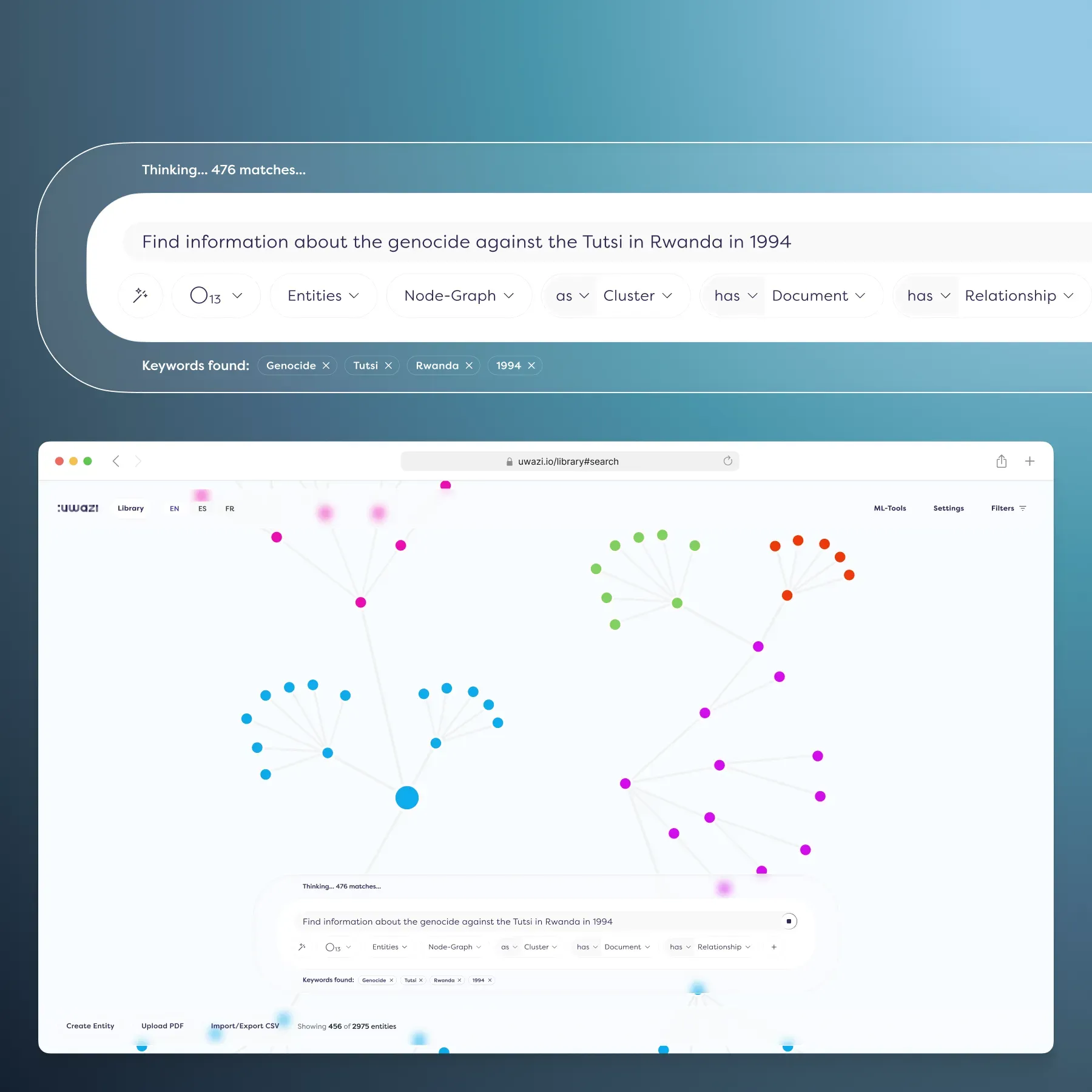 Uwazi V3 concept with conversational UI and chain filtering