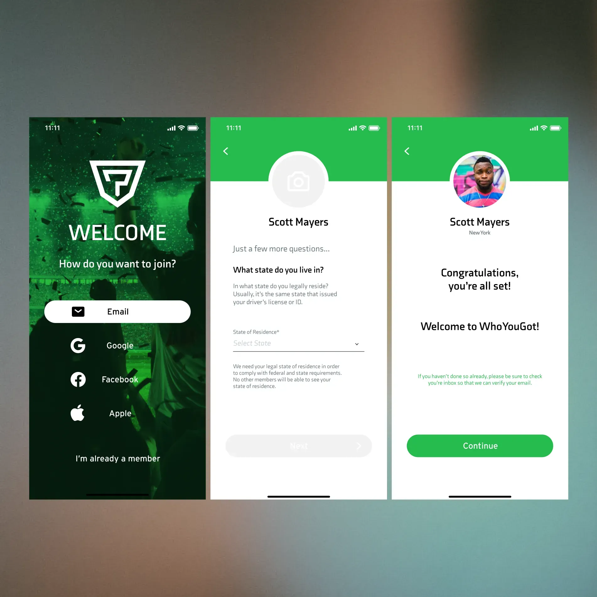 Registration flow for WhoYouGot?