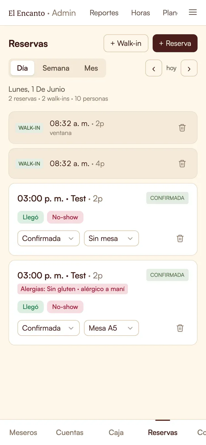 Reservations screen