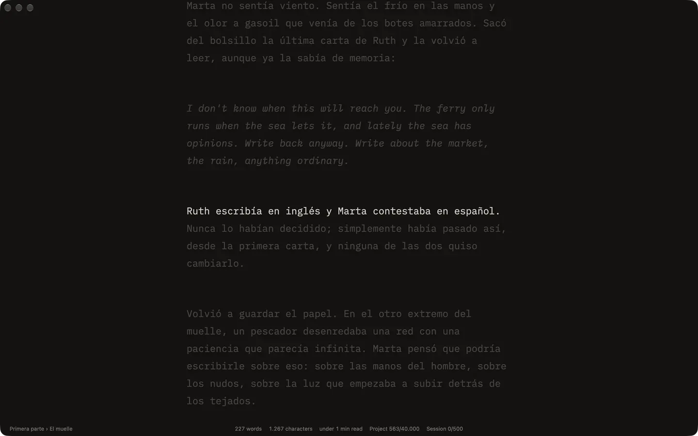 Escriba in focus mode: one lit sentence at mid-window, the paragraphs around it dimmed, word counts in the footer.