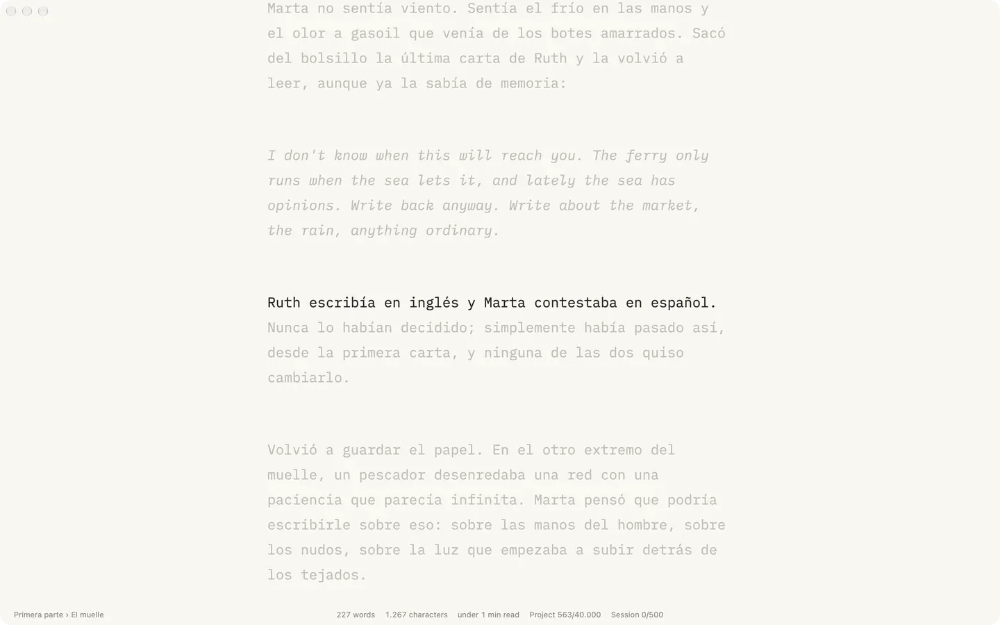Escriba in focus mode: one lit sentence at mid-window, the paragraphs around it dimmed, word counts in the footer.