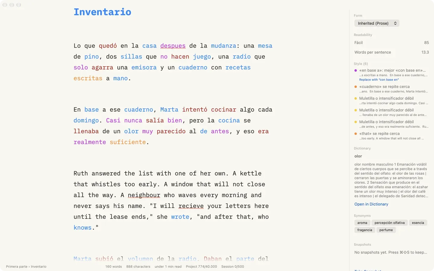 A chapter with nouns, verbs, adjectives and adverbs in colour, spelling underlines in both languages, and the inspector with style findings, a dictionary entry and synonyms.