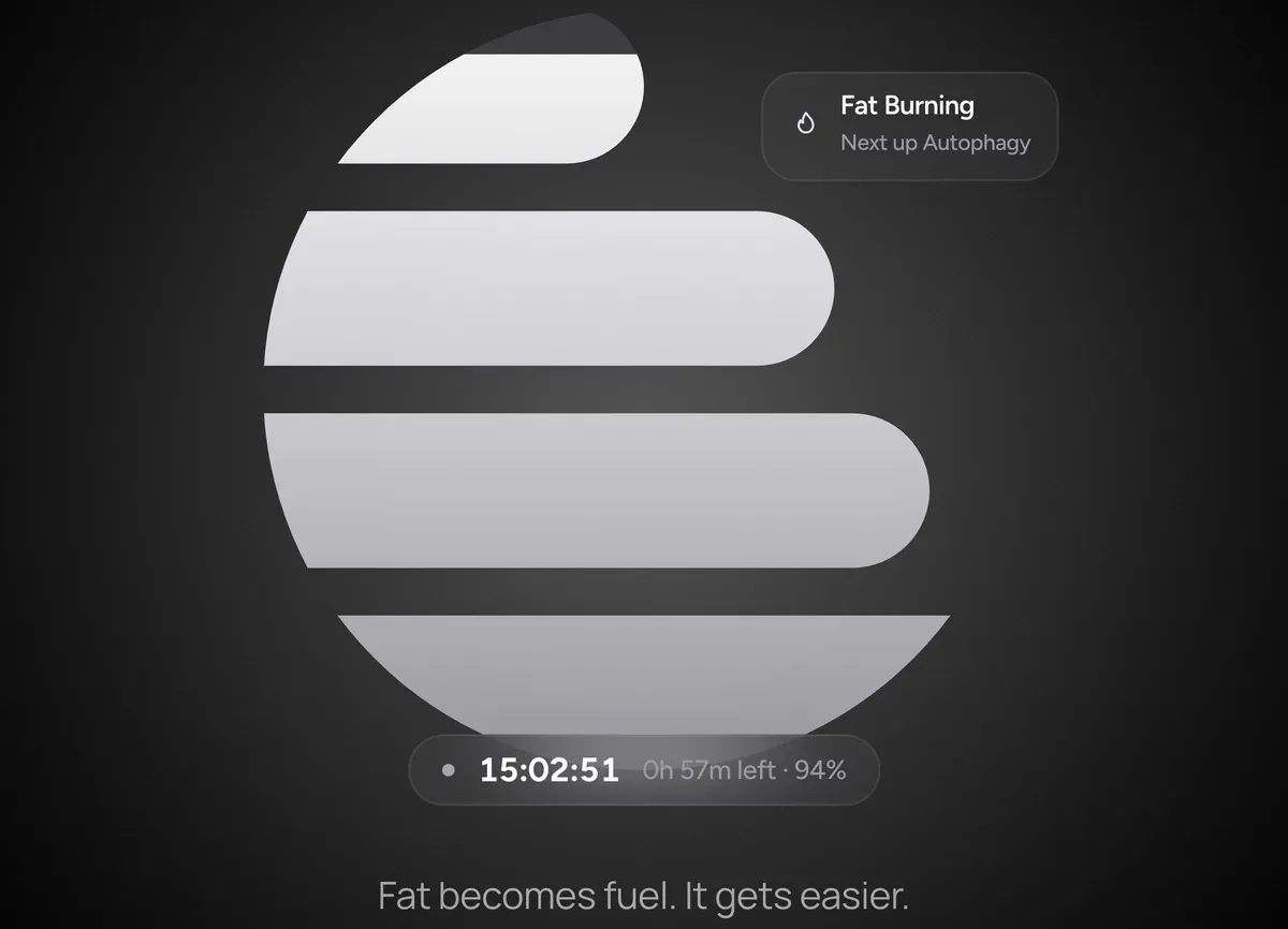 The ring on the landing, fifteen hours into a fast: fat burning, 94 percent, autophagy next