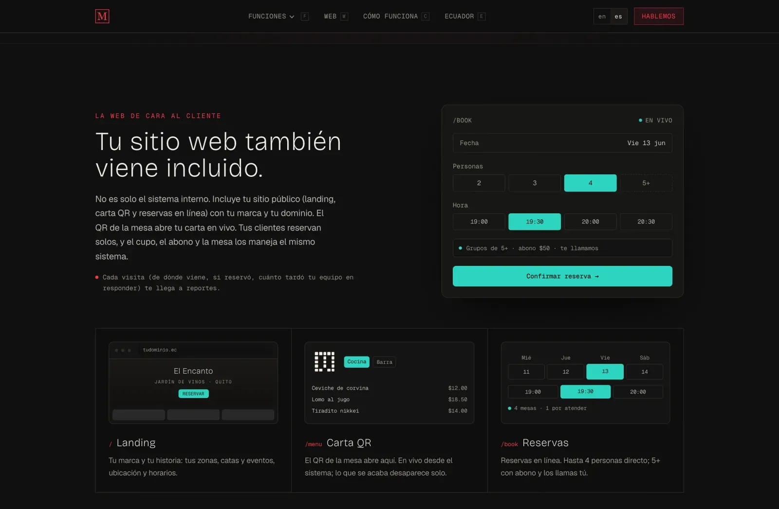 The included public site: landing, QR menu, and online reservations