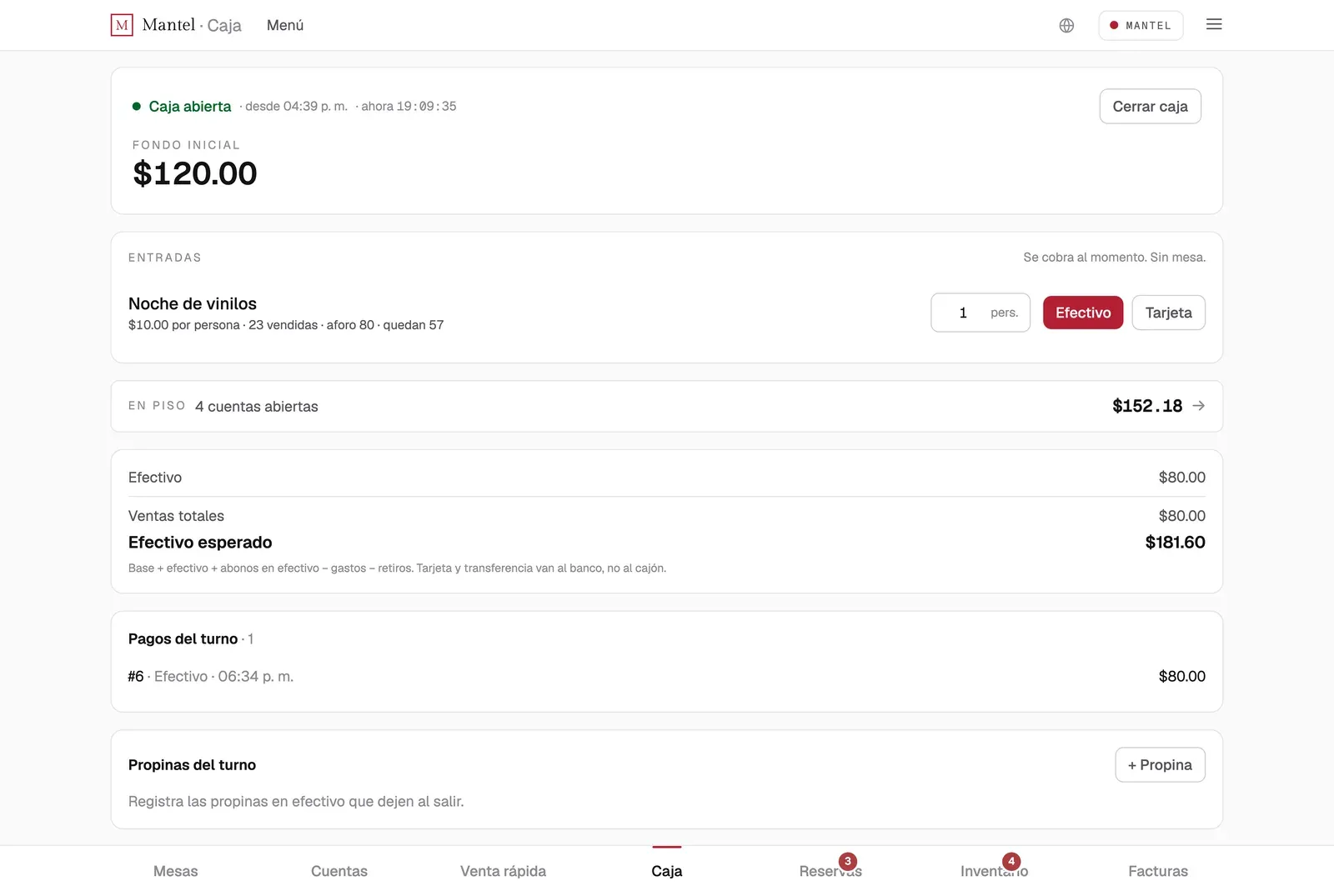 The cash register in the demo: the float, expected cash, and payments of the shift