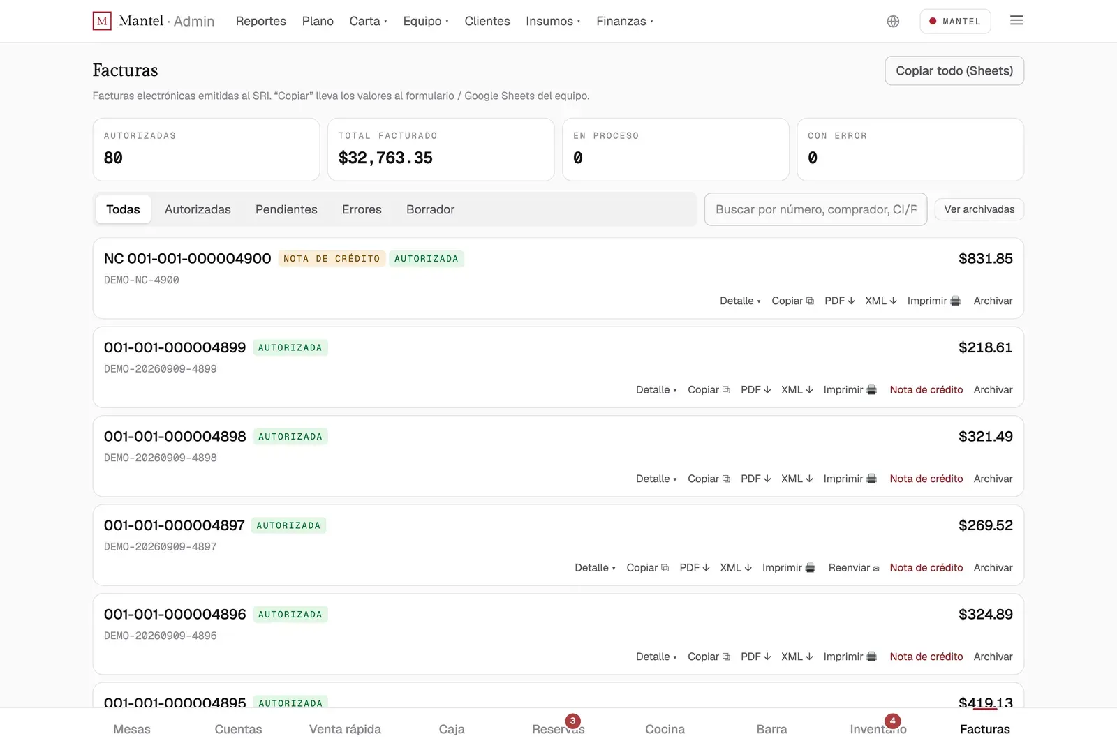 Invoices in the demo: eighty authorized by the SRI, a credit note at the top