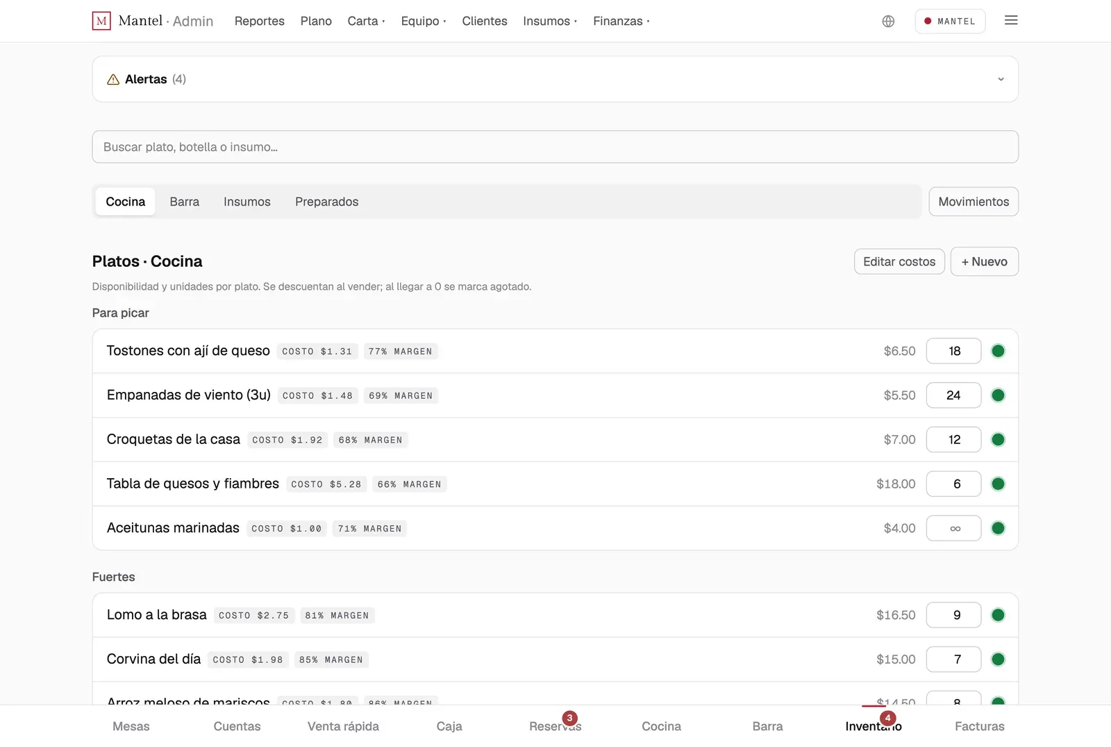 Inventory in the demo: plates with cost, margin and units left