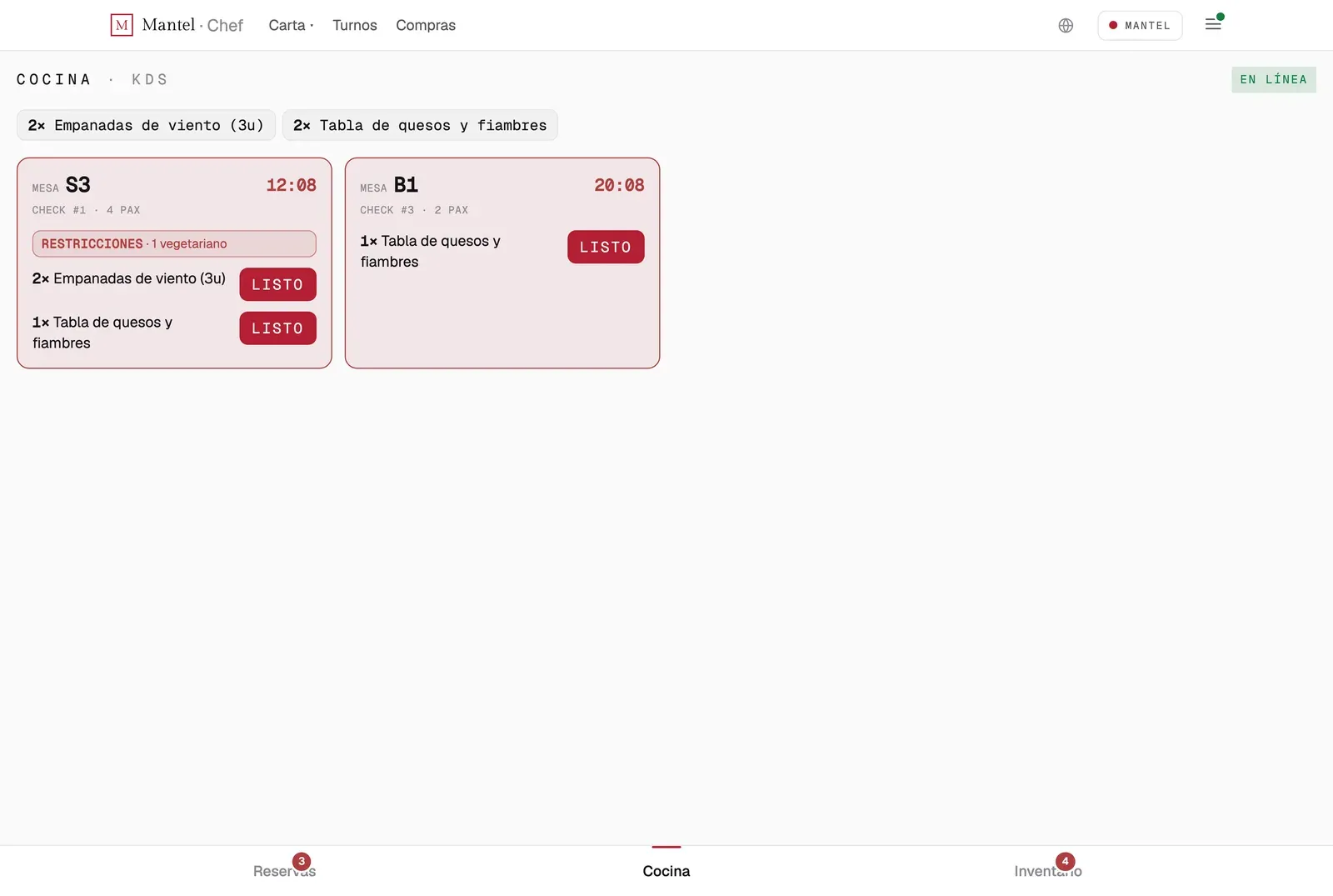 The kitchen display in the demo: two tickets, one with a dietary restriction flagged
