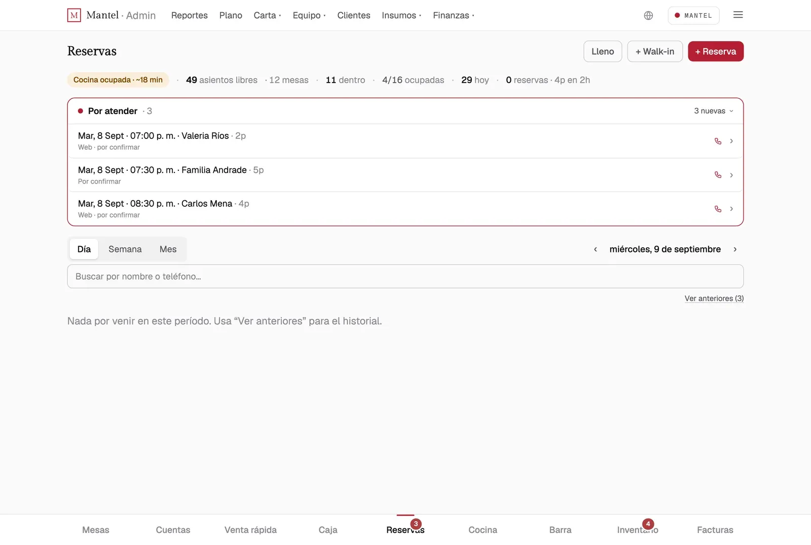 Reservations in the demo: three web bookings to confirm and the count for the night