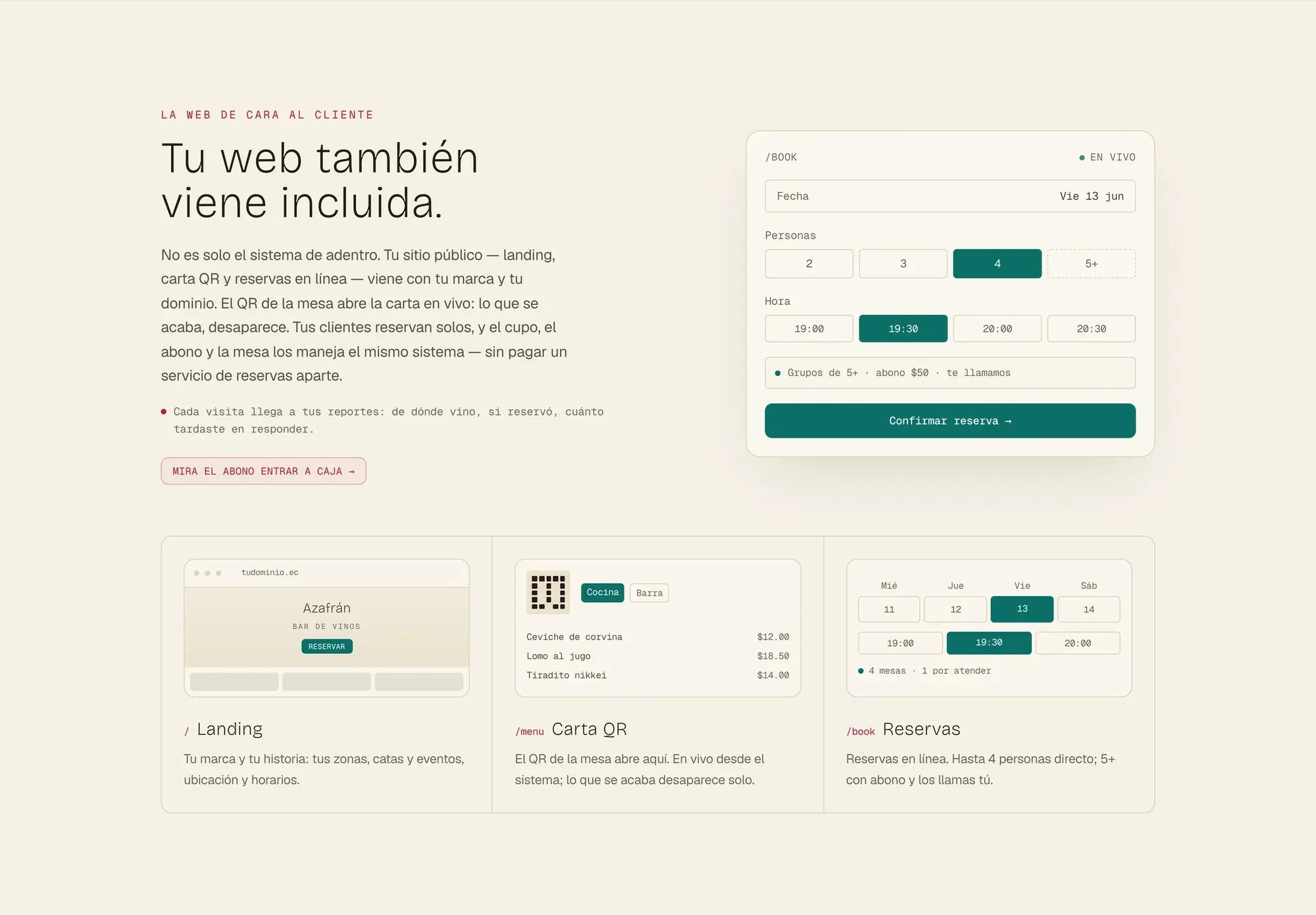 The included public site: a reservation form, and the landing, QR menu and reservations tiles