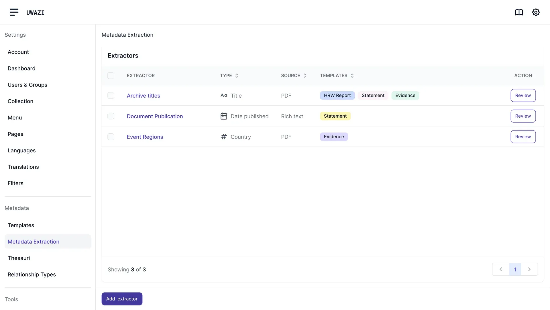 Information extraction dashboard mockup
