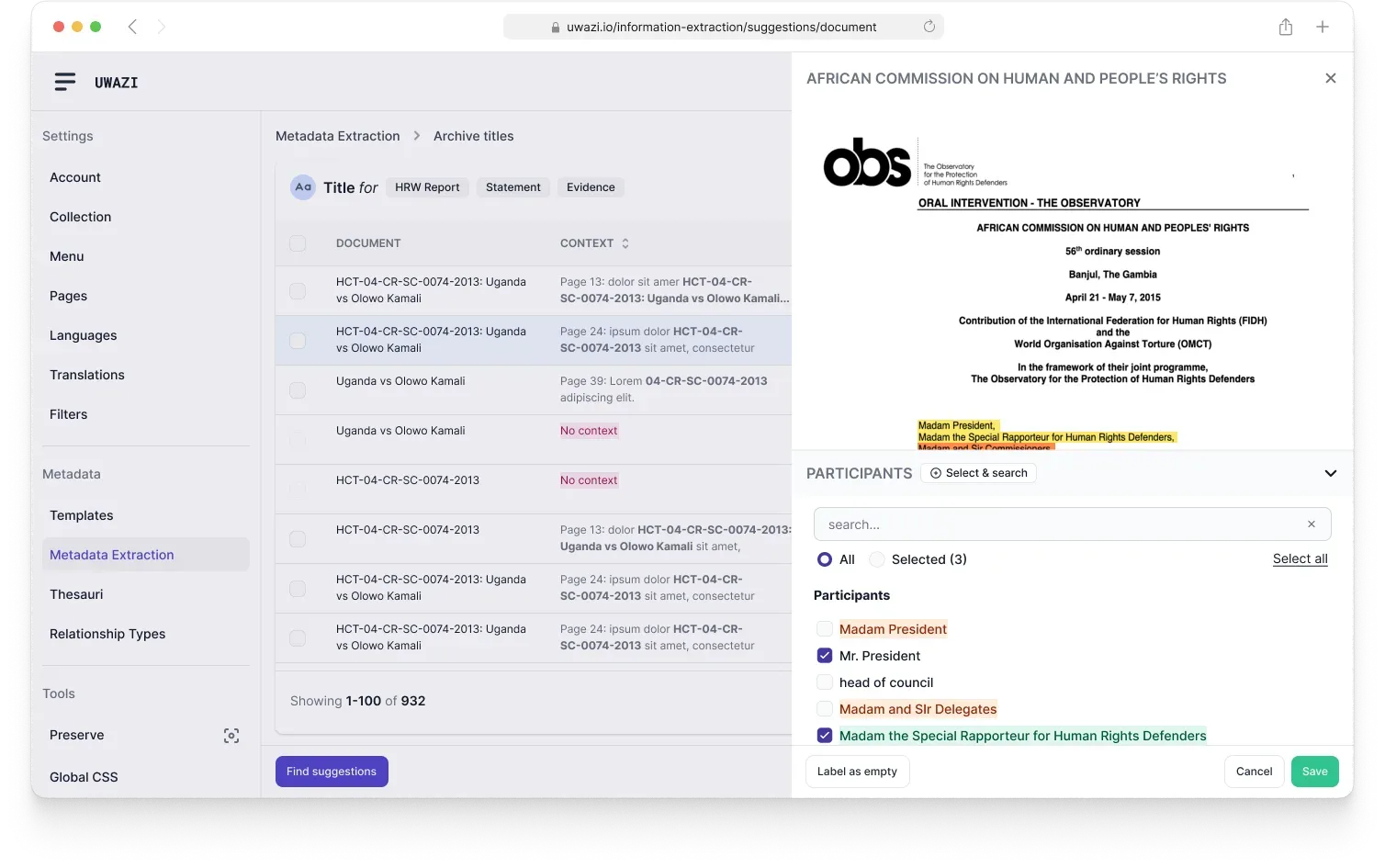 Interface showing a PDF document with highlighted AI-suggested information, and user controls