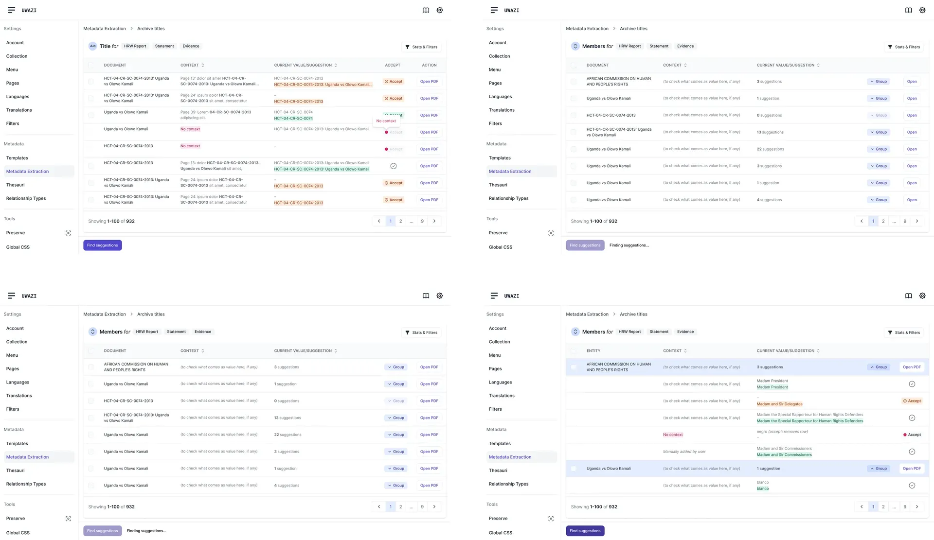IX extractor interface with AI suggestions and user controls
