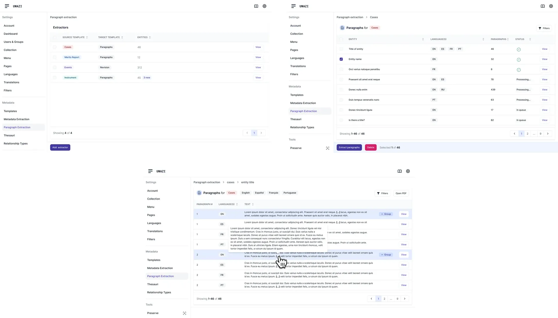 PX dashboard, entity and document extraction interface