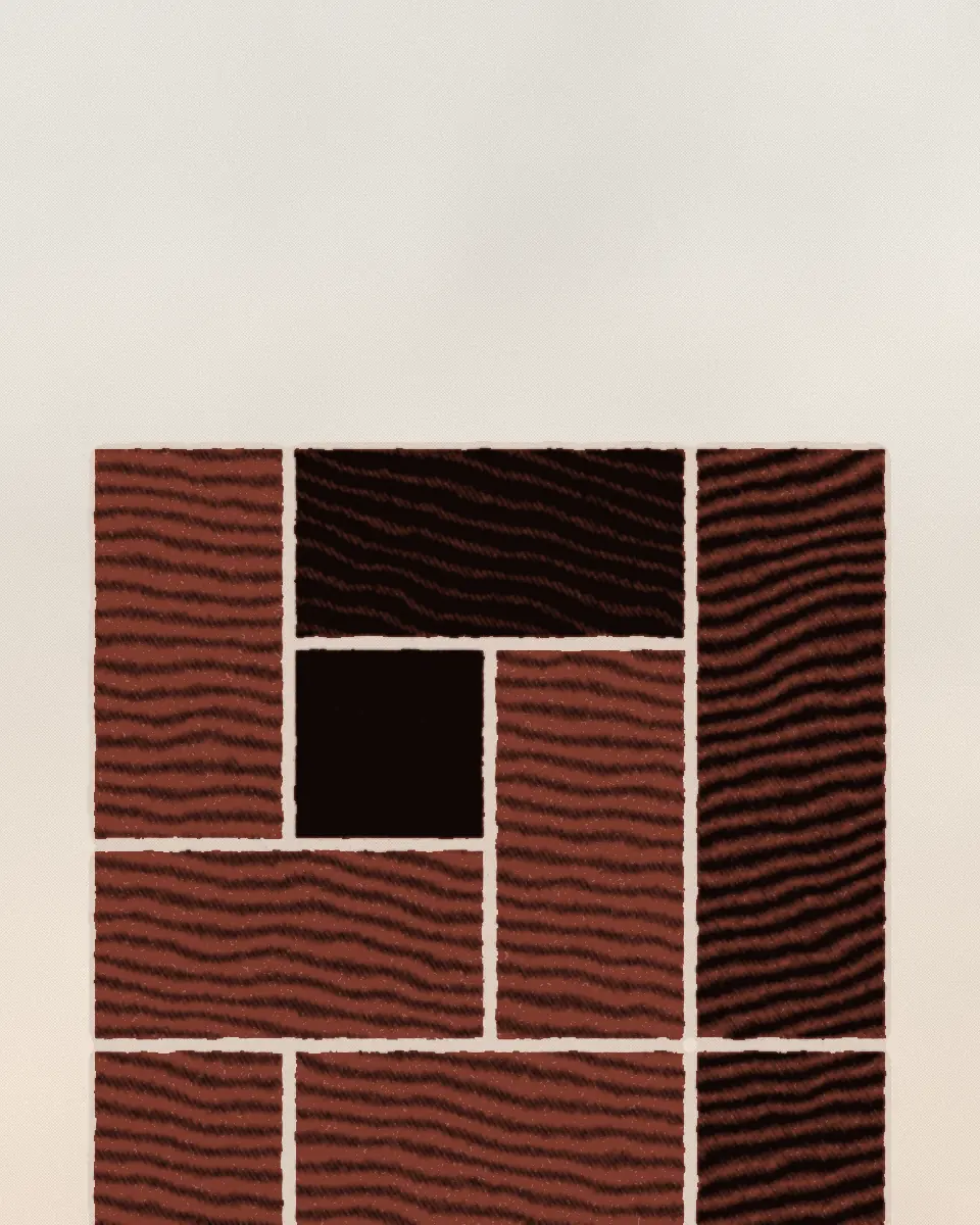 A woodblock print of the brand’s block grid. Ten rectangles of different sizes sit on a four by six grid, printed in black and a deep red.