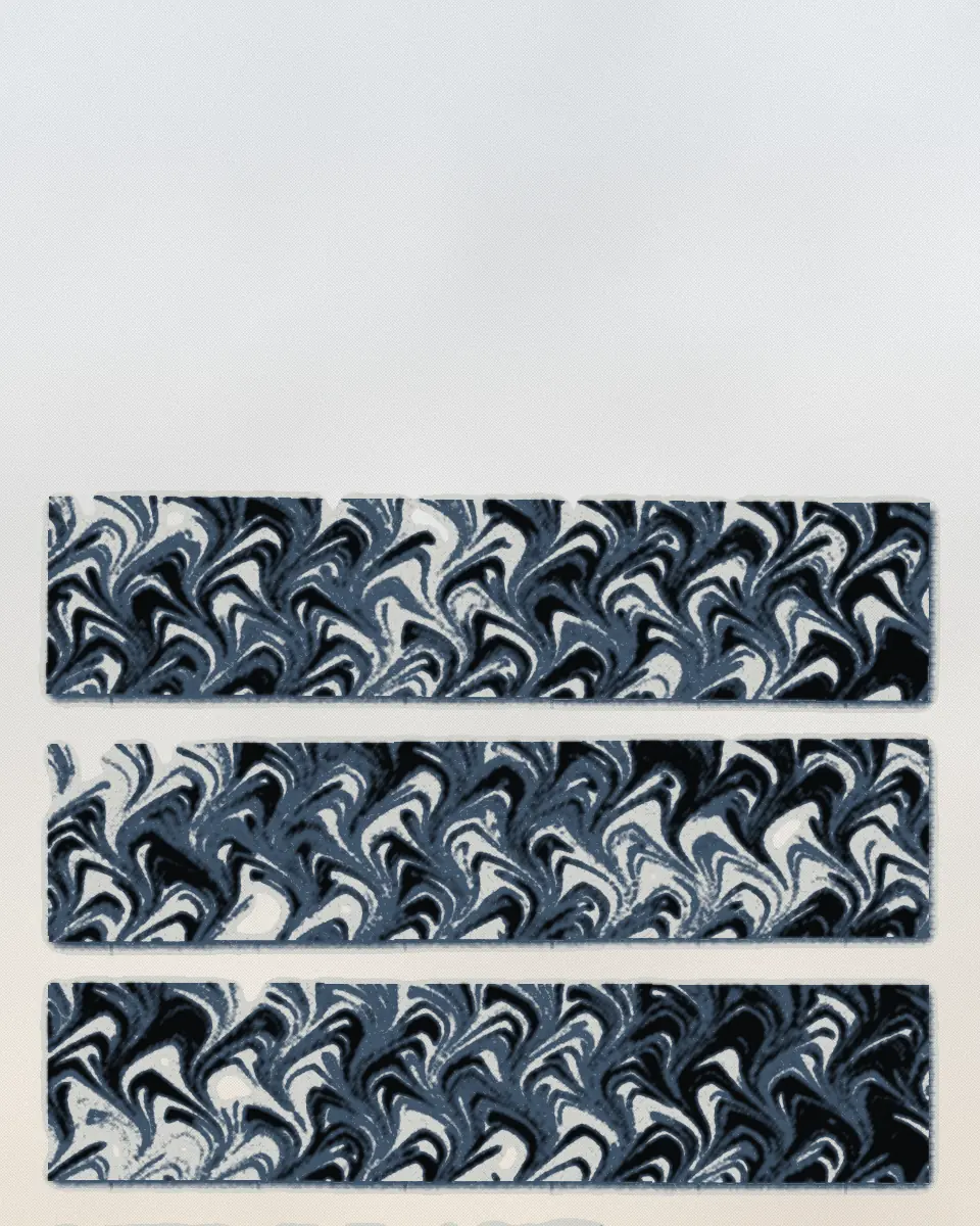 Marbled paper in strips, combed into arches and printed in black and a slate ink; three show whole and the fourth runs off the foot. The strips hold eleven, eleven, eleven and seven arches: the syllable counts of the four lines of Rima XXI.