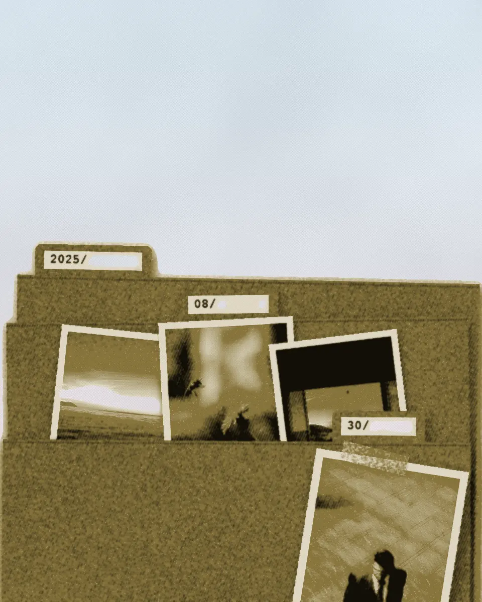 Three folders in the cover’s olive ink with typed tabs reading 2025/, 08/ and 30/. Photographs of the sea, a bee on a flower and a doorway are tucked into them. A print taped on top runs off the foot of the cover and shows a person in silhouette, too dark to recognise, on a tiled floor.