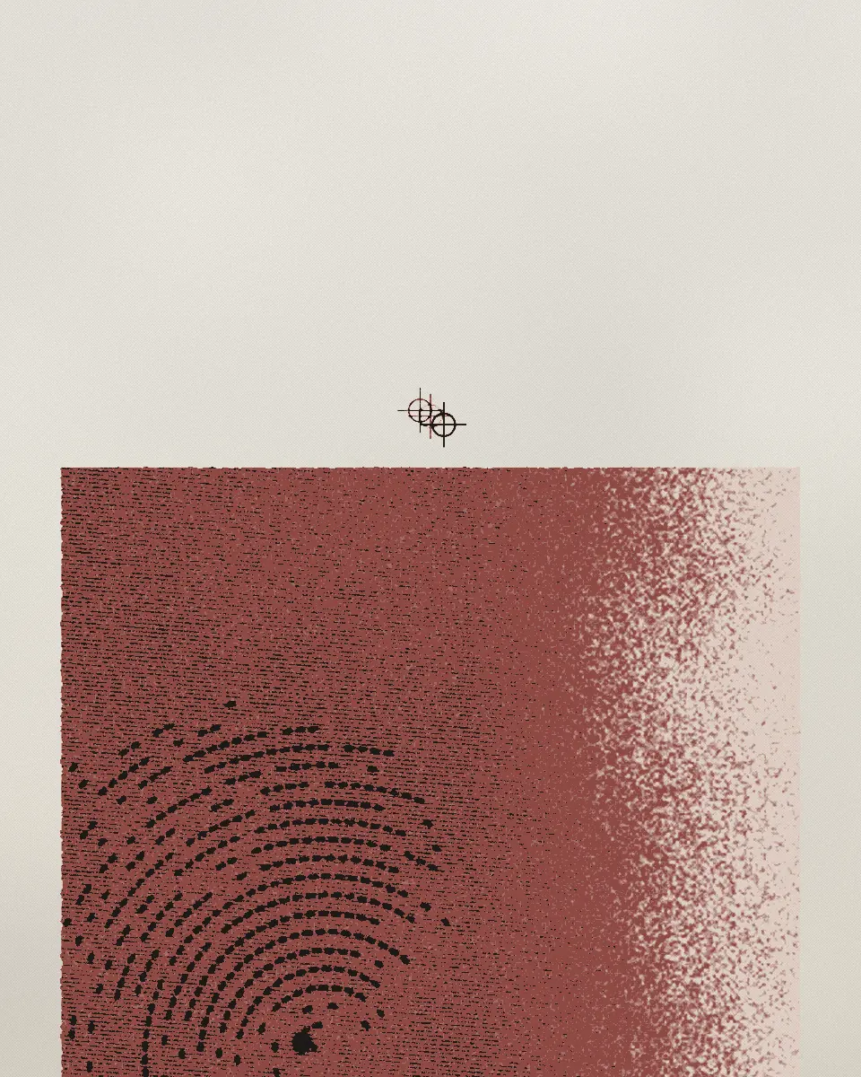 A screenprint of rings spreading from a few centres, the black and red screens a little out of register.