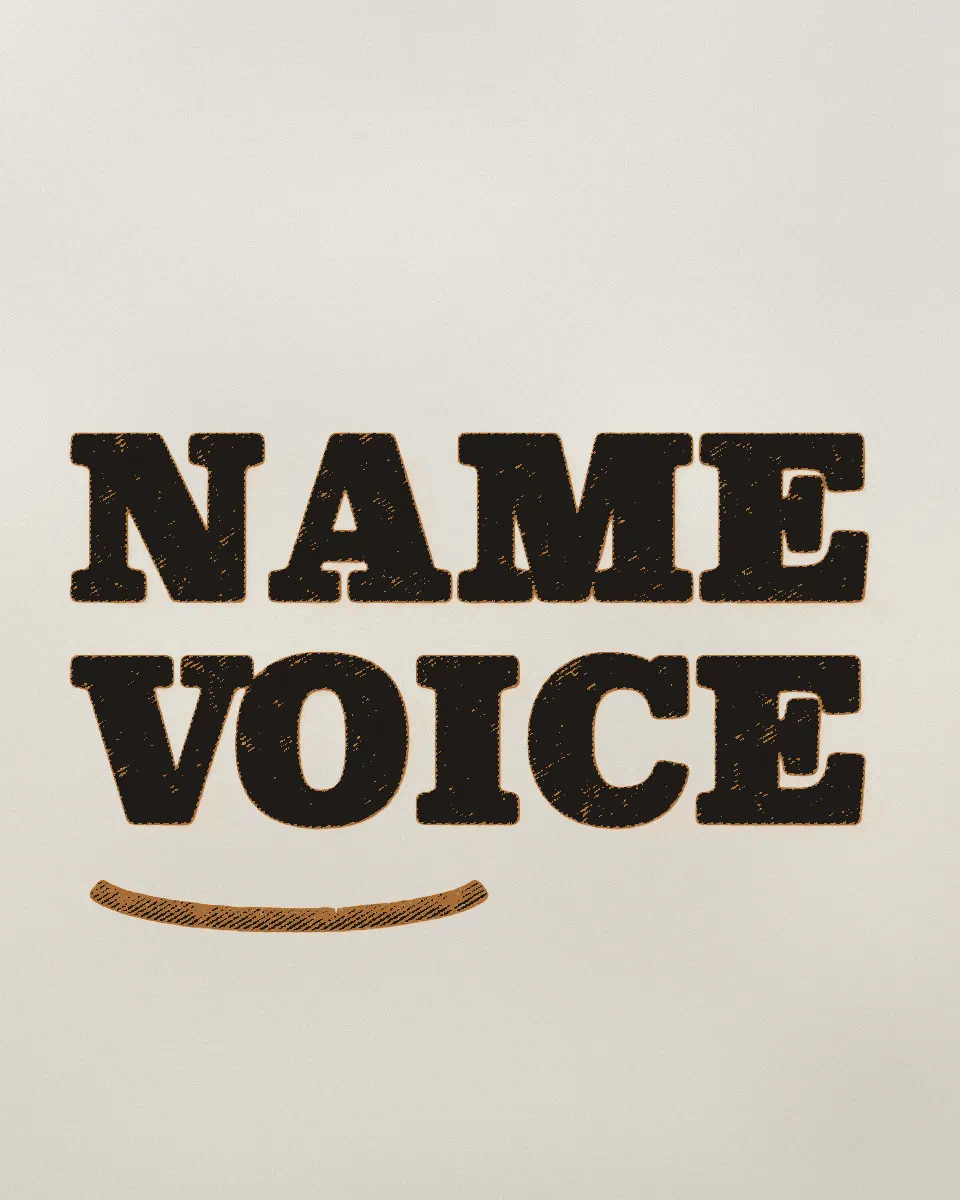 A letterpress proof: NAME and VOICE in black wood type, a tie drawn under the last line in an orange ink.