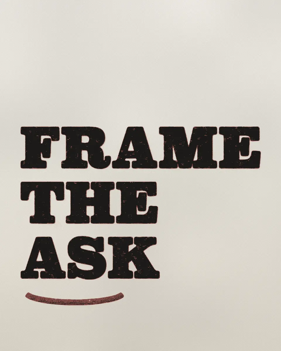 A letterpress proof: FRAME, THE, ASK in black wood type, a red tie drawn under the last line.