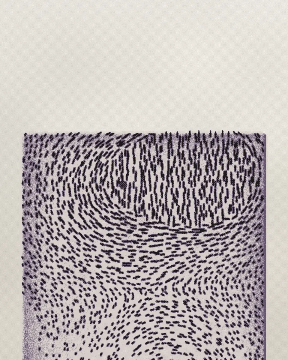 An etching of lines that run round each other in a slow current, bitten deeper where they crowd, printed in black and a violet ink.