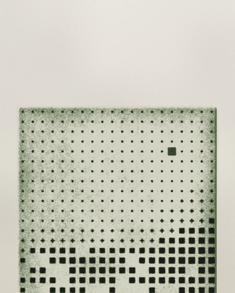 An etching of a grid of small squares, bitten deeper towards the foot, printed in black and a green ink with the plate tone left on.