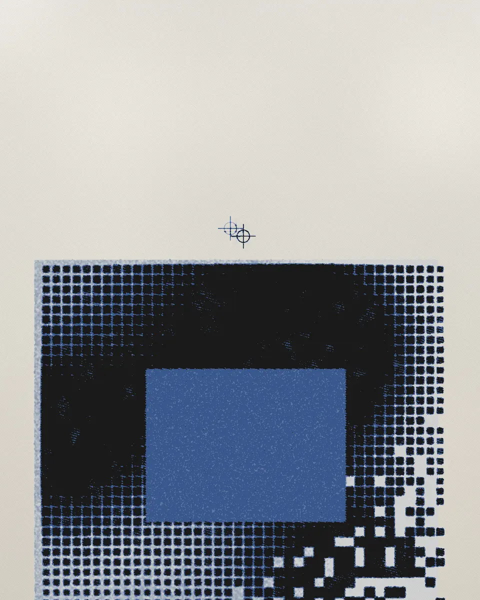 A screenprint of a field of square blocks, the screens a little out of register, one solid blue block in the middle.