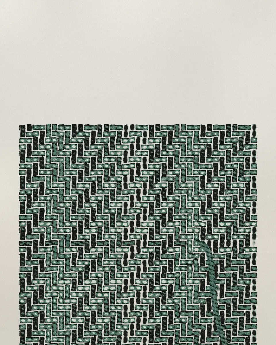 Woven cloth seen close: warp and weft in a green ink and black, one loose thread running out of the weave.