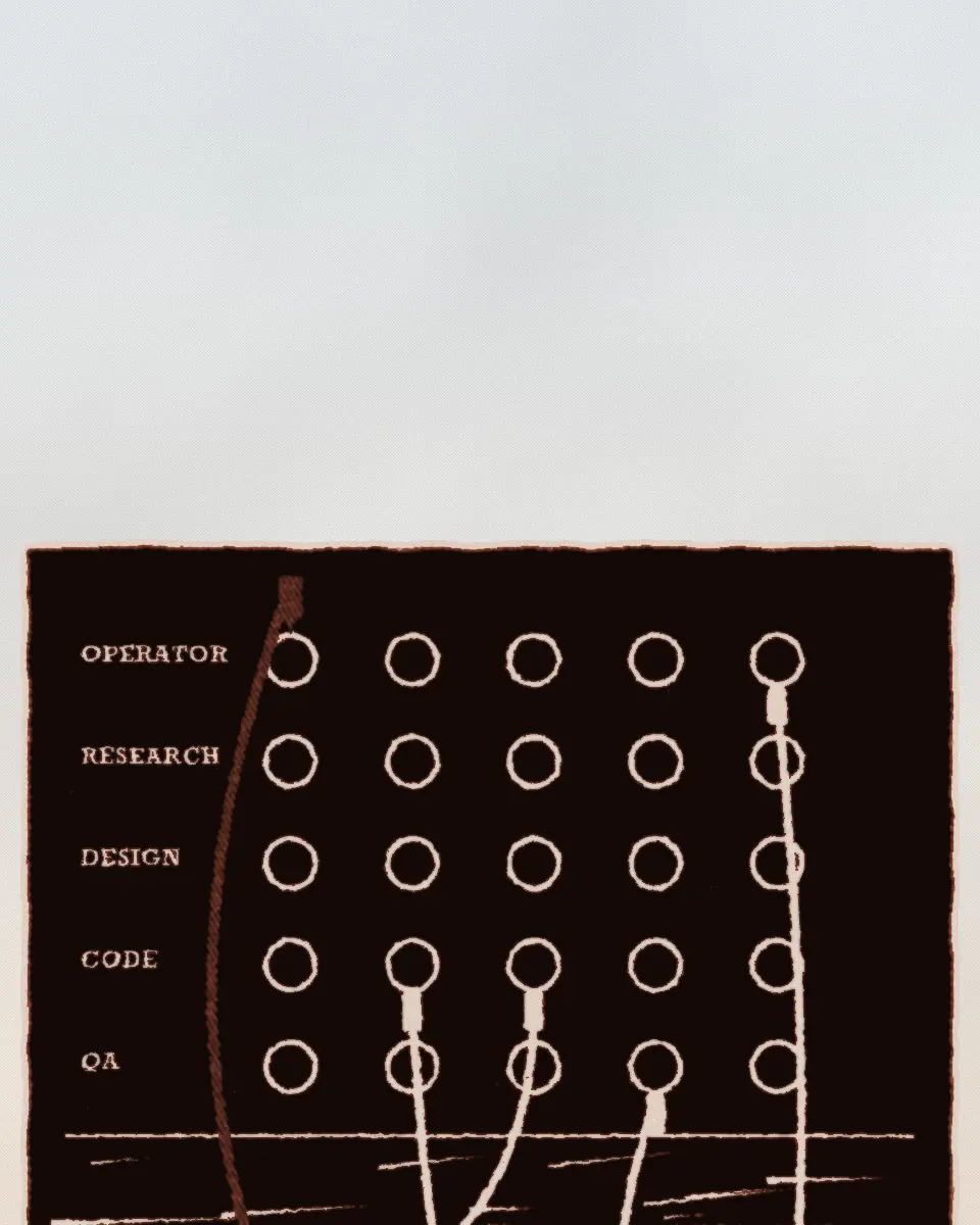 A linocut of a switchboard in black ink. Five rows of jacks are labelled operator, research, design, code and qa. Cords run up from the shelf below, and one cord, printed in red, is lifted out of its jack.