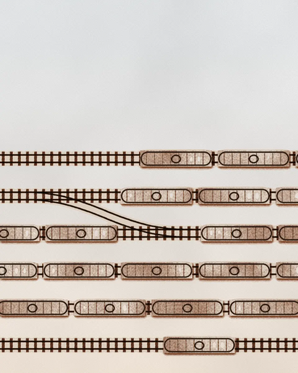A rail yard from above, drawn as an engraving. Tank cars stand on parallel tracks with sleepers, and there is a switch. The print is in black and a rust ink.