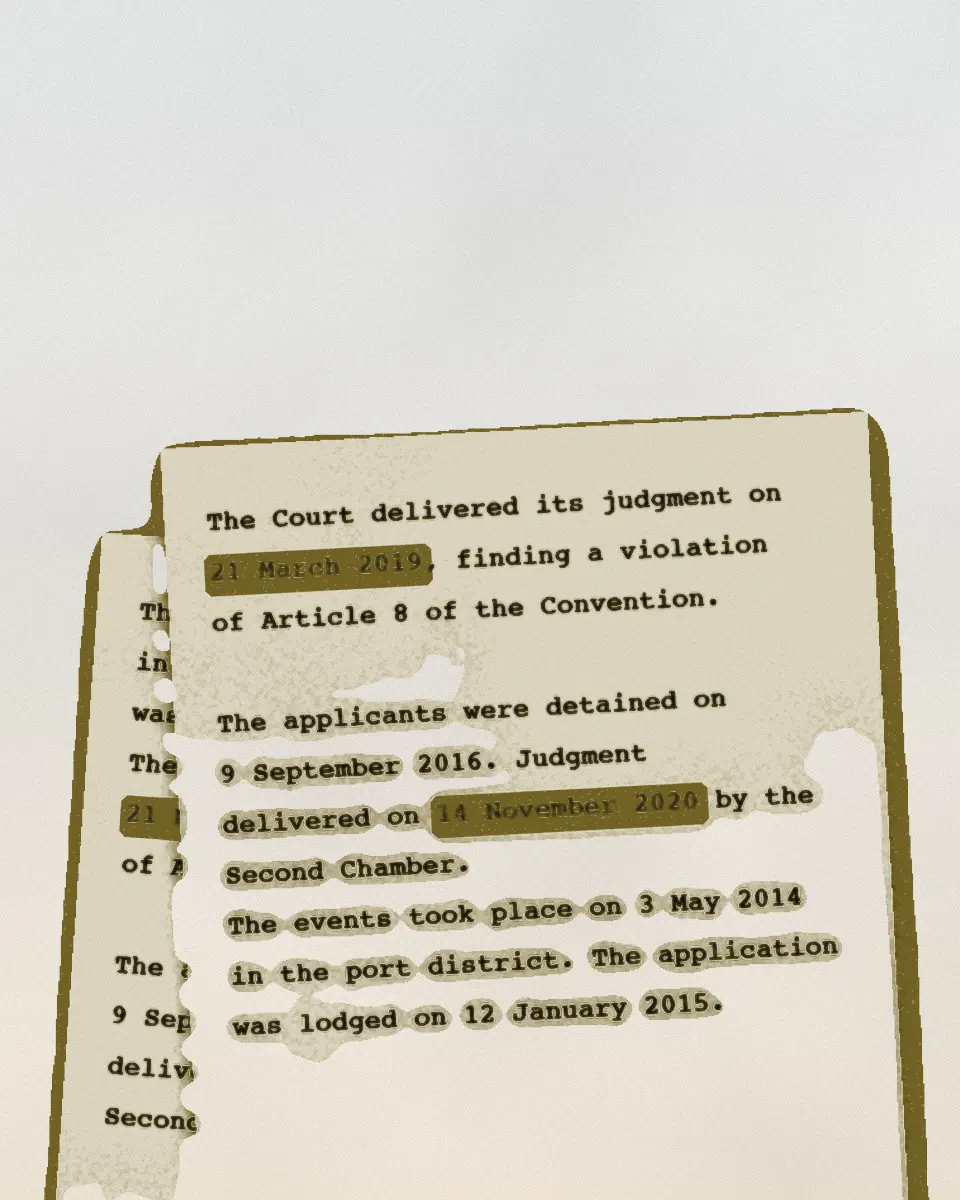 Typed pages of court judgments, with the dates of judgment marked in highlighter. The print is in black and an ochre ink.