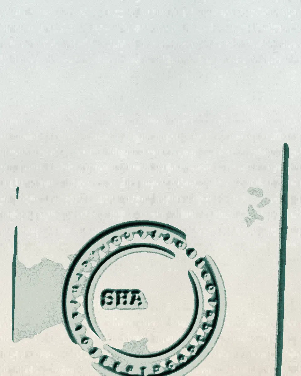 A blind-embossed seal on a sheet of paper, with a ring of hexadecimal digits around it. The print is in black and a teal ink.