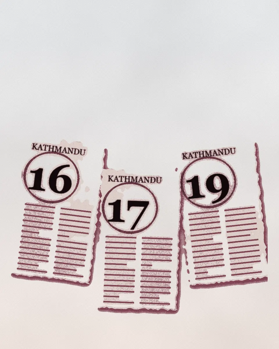 Three newspaper clippings from Kathmandu, torn from different pages, each with its figure circled in pen: 16, 17 and 19. The print is in black and a red-violet ink.