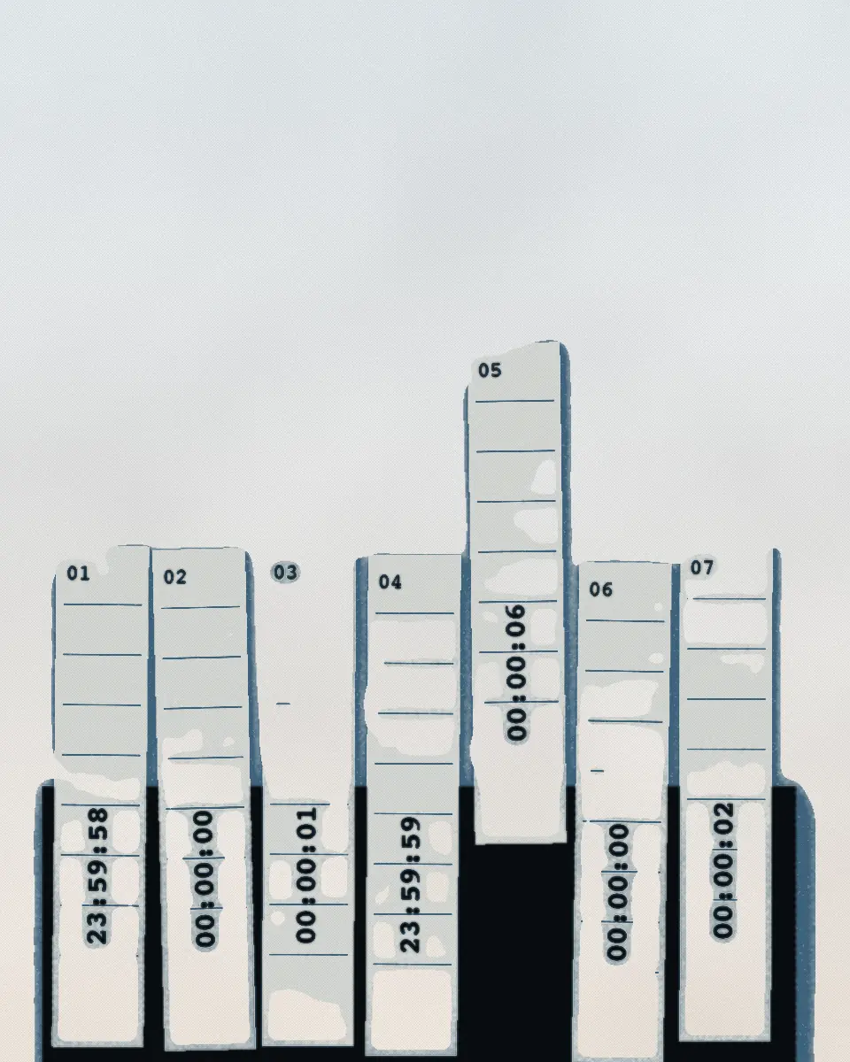 A rack of time cards, each stamped with a clock time a few seconds apart, with one card pulled out. The print is in black and a blue ink.
