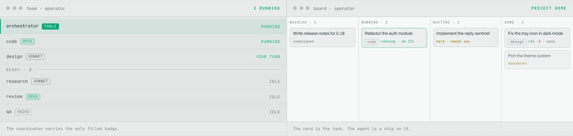 The team list beside the board: orchestrator and code running, design on your turn, and the four columns Backlog, Running, Waiting and Done