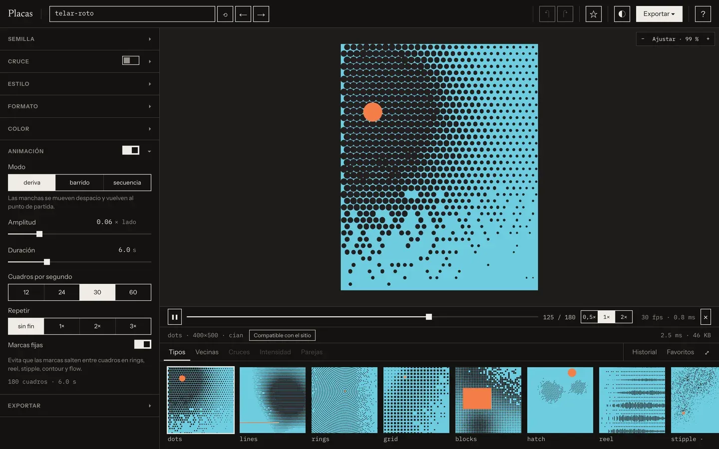 The animation group open, drift playing on a plate of dots on cyan, the transport under the canvas, the badge reading Compatible con el sitio.
