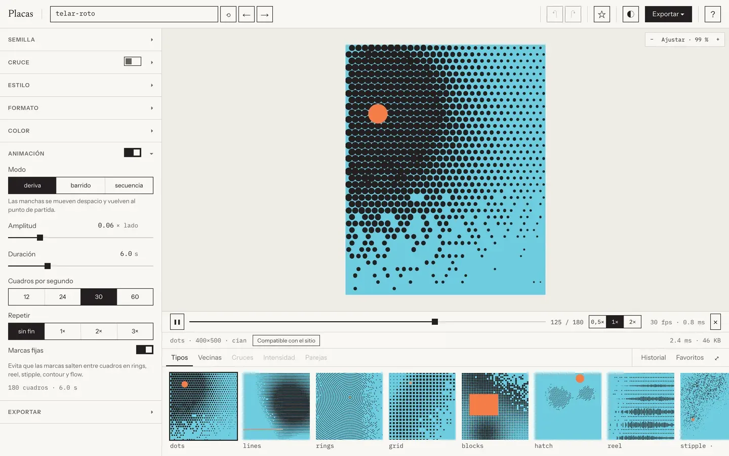 The animation group open, drift playing on a plate of dots on cyan, the transport under the canvas, the badge reading Compatible con el sitio.