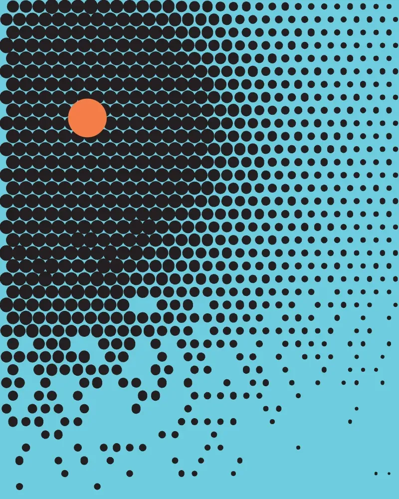 A plate of halftone dots in dark ink on a cyan ground, thinning toward one edge.